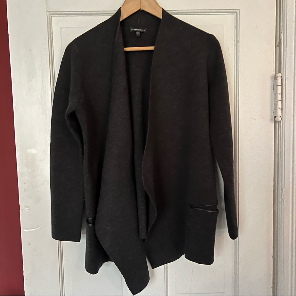 EILEEN FISHER Merino Wool Leather Trim Dark Gray Waterfall Cardigan
